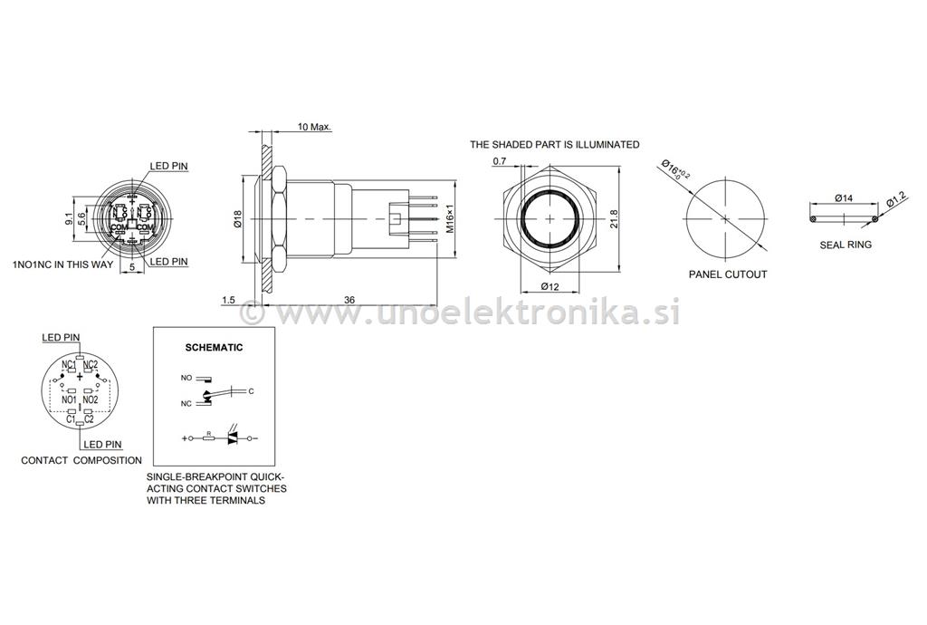 STIKALO fi16 mm 3A 250V IP65 MODRI LED