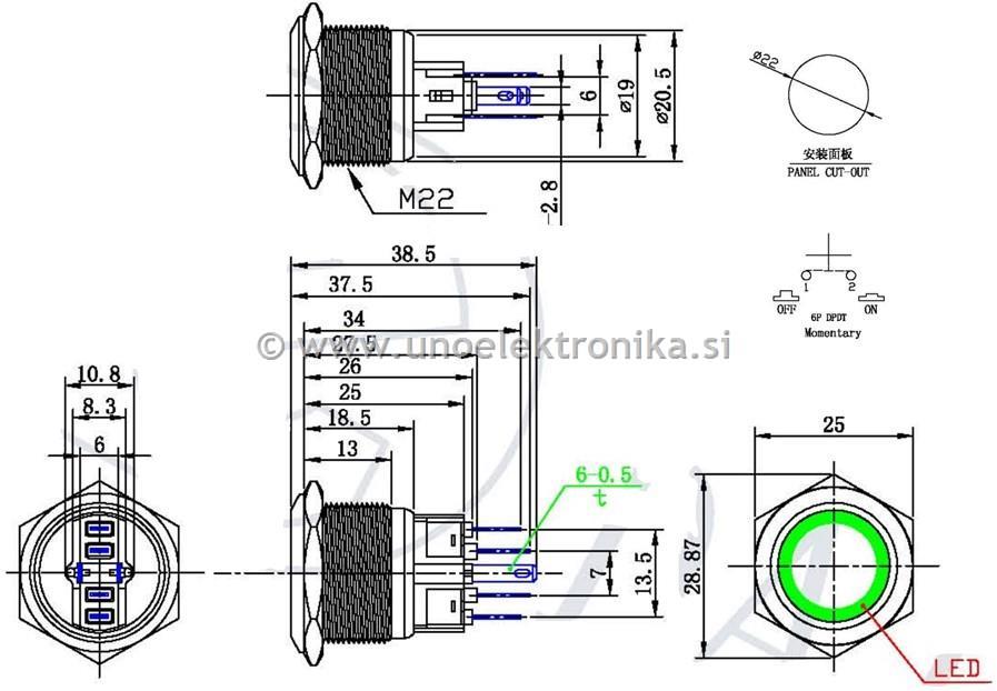 TIPKA fi 22mm 5A 250V IP65 RDEČ LED