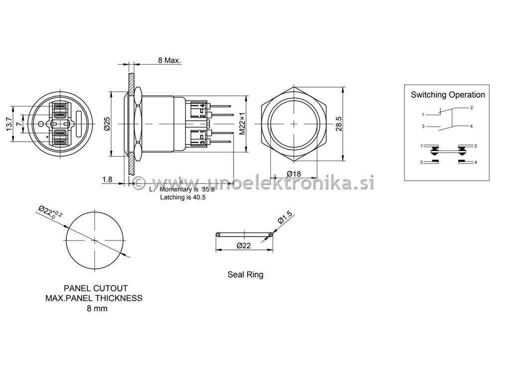 STIKALO fi 22mm 5A 250VAC VODOTESNO IP65