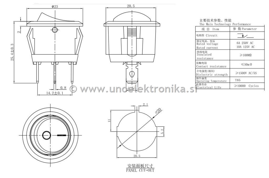 STIKALO 0-1 fi 20mm 6A 250VAC BELO