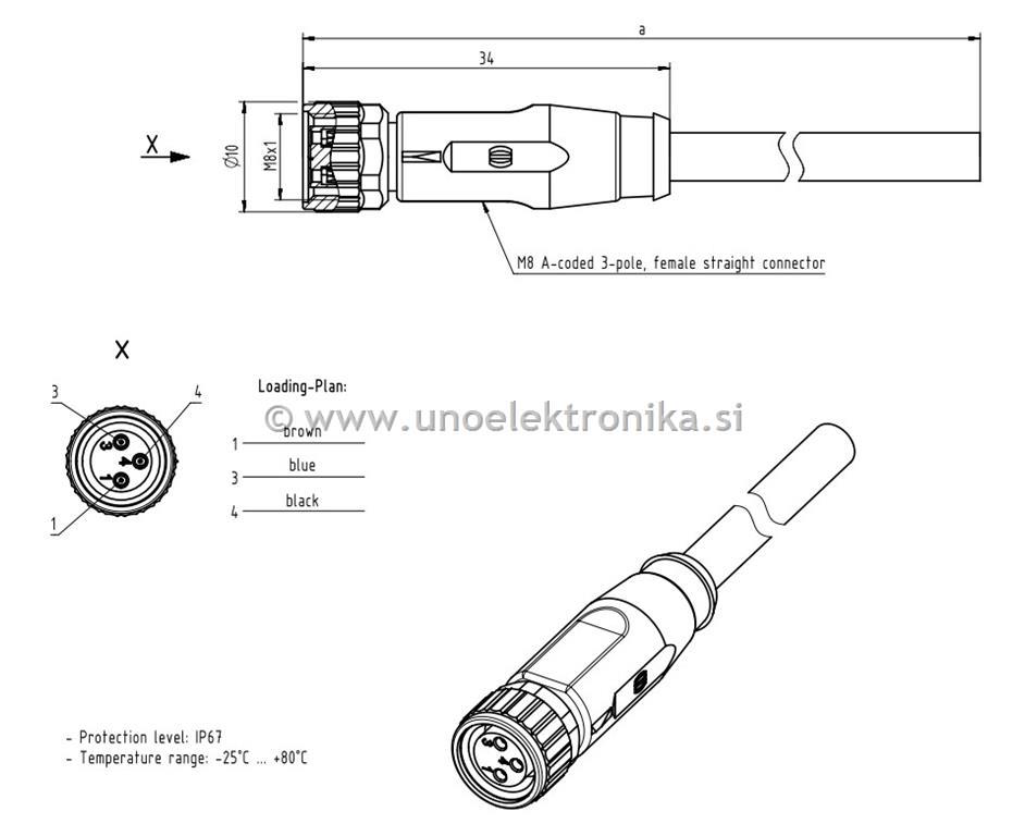 2m 3 ŽILNI KABEL Z VTIČNICO M8 3p.